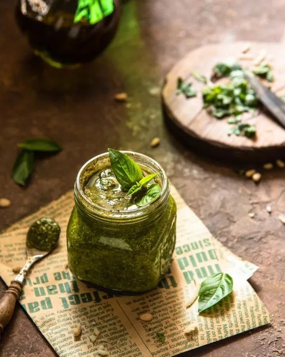 Studio macro photograph of basil pesto