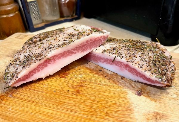 Studio macro photograph of guanciale